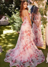 Livia | Enchanting Light Pink Floral Backless Prom Dress with Slit - Light Pink Floral - PromDressClub